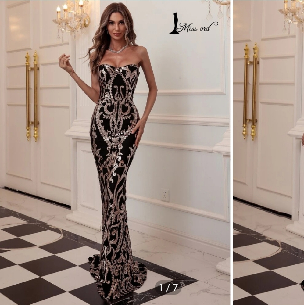 Miss Ord Strapless Black & Gold Embroidered Mermaid Dress